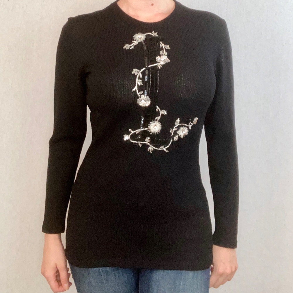 Zang Toi “L” Monogramed Bedazzled Wool Sweater